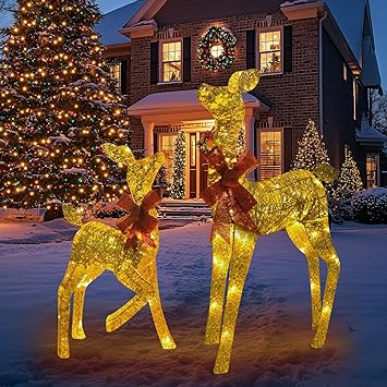 Christmas Decorations 38-inch Christmas Reindeer Decor Set Includes Two Reindeer: a Champagne Gold Female Deer and a Fawn with a Bow. Perfect for Outdoor Lawn displays and Holiday Arrangements.