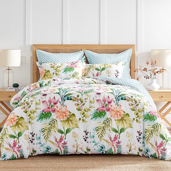 Levtex Home - Malana Comforter Set - Twin Comforter + One Standard Pillow Case - Tropical - Green, Coral, Plum, Teal - Comforter (68 x 88in.) and Pillow Case (26 x 20in.) - Cotton