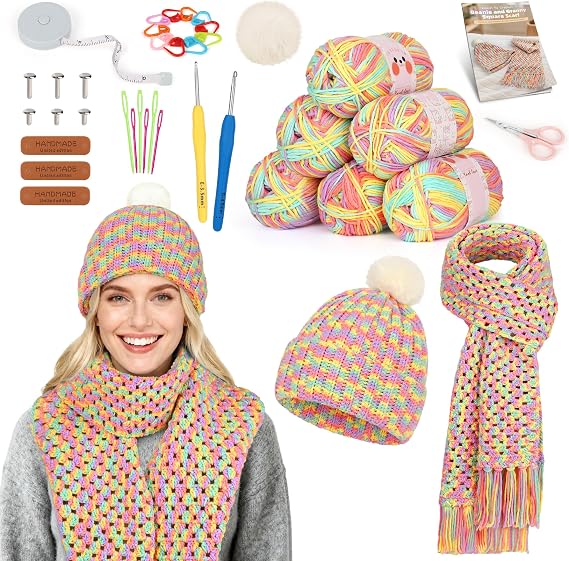 Katech Crochet Kit for Beginners w/Step-by-Step Instruction for Hat, Scarf | Complete Crochet Kit for Adults Learn-to-Crochet Hat and Scarf, Starter kits clue 6 Yarn and Ergonomic Hooks blue