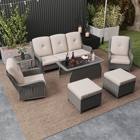 7 Pieces Wicker Patio Furniture Set, Patio Sectional Sofa Set, Outdoor Swivel Rocking Chair with Coffee Table & Side Table, for Backyard, Porch, Garden, All Weather, Navy Light Grey