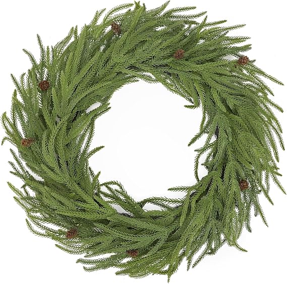 Artificial Christmas Wreath for Front Door - 24 Inch Norfolk Pine Winter Wreaths with Pine Cones Faux Greenery for Wall Window Porch Farmhouse Home Holiday Indoor Outdoor Modern Decor