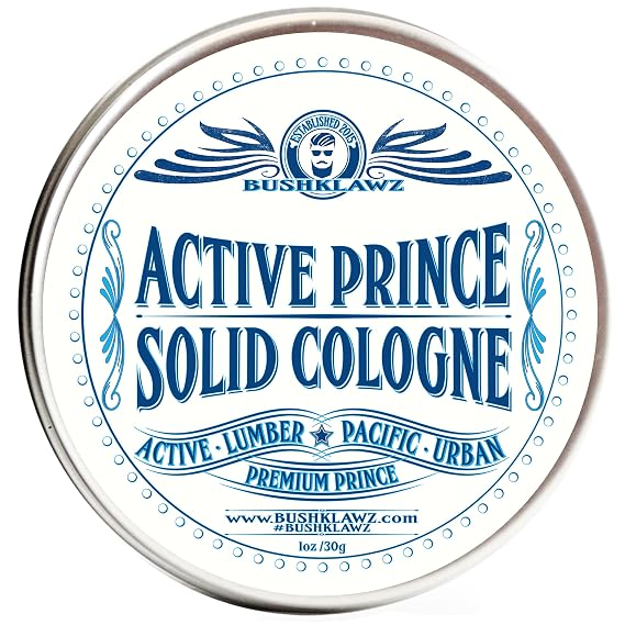 BushKlawz Active Prince Solid Cologne 1 oz Full Size Alcohol Free Natural Concentrated Travel Friendly Tins Men's Fragrance Manly Scents to Satisfy all Types of Viking Cannon Black Prime