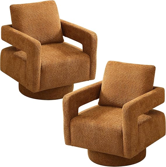 Setawix Boucle Swivel Barrel Chairs Set of 2,Fuzzy Swivel Armchair,Modern 360Rotation Accent Arm Chair with Open Arms,Sherpa Single Sofa Club Chair for Living Room,Bedroom. (Caramel, 2PC)