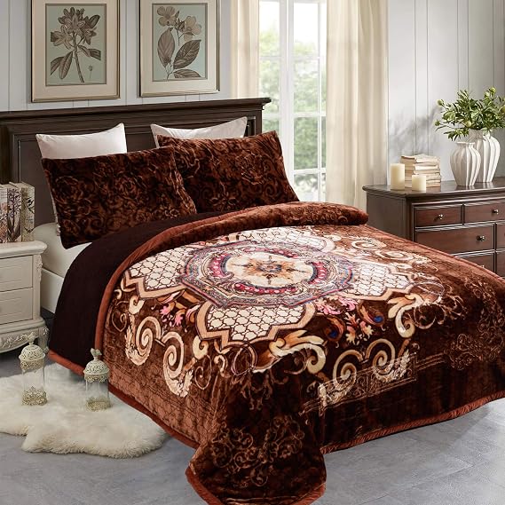 JML Plush Fleece Blanket, Sherpa Flannel Blanket (79" x 91") with 2 Pillow Shams - 8 Lbs Weighted Blanket Super Soft, Warm and Thick Bed Blanket for Winter, Brown Pattern