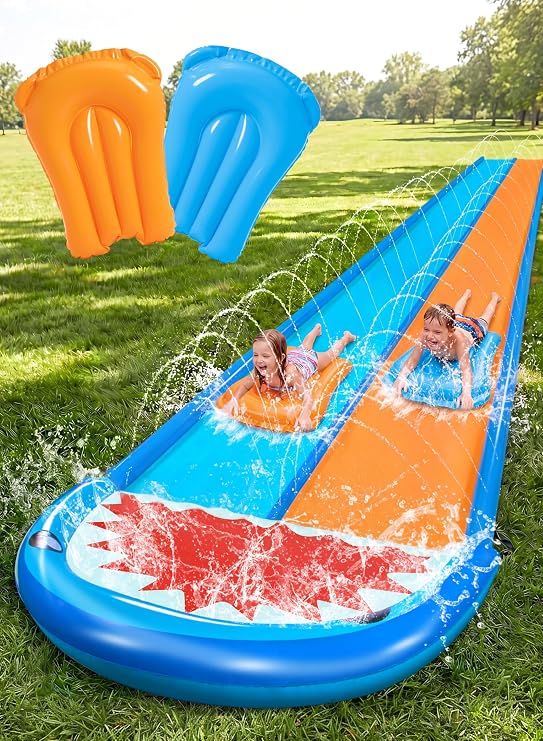 SLOOSH Shark Double Water Slide, 22.5ft Heavy Duty Lawn Water Slip with Sprinkler Slide and 2 Slip Inflatable Boards for Party Summer Yard Lawn Outdoor Play Activities