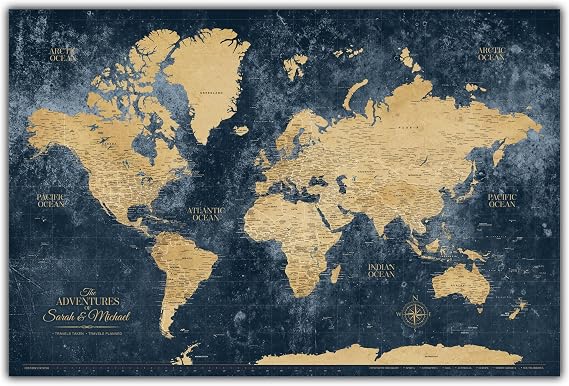 HolyCowCanvas Gold & Navy World Travel Map with Pins, Personalized World Map Pin Board to Track Places Visited, Customized Travel Tracker (60x40, Gallery Wrapped Canvas)