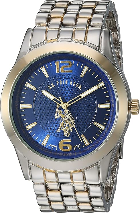 U.S. Polo Assn. Men's Analog Bracelet Watch Blue Dial with Gold-Tone Bezel and Two-Tone Stainless Steel Band Sleek, Durable, and Adjustable Fit for Wrists 5.5" to 8"