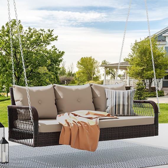 DWVO 3 Seats Porch Swing Hanging Bench Swing Outdoor Wicker Patio Swing Lounge Front Rattan 794lbs for Garden, Balcony, Brown&Beige