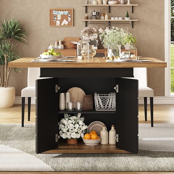 Extendable Dining Table, Space Saving Folding Kitchen Table with Cabinet Storage, Telescopic Dining Table for 4-6 people, 110-140x80cm