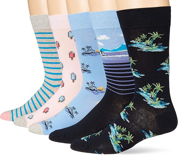Amazon Essentials Men's Patterned Cotton Dress Crew Socks, 5 Pairs