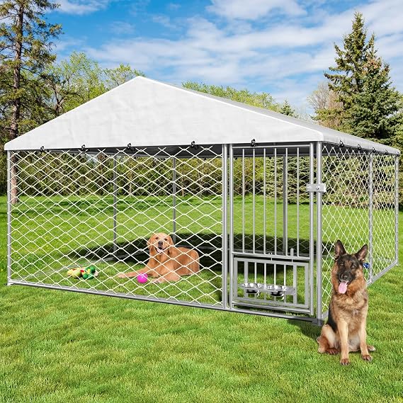 Yafylly 10x10 Dog Kennel Outside, Heavy Duty Outdoor Dog Kennel with Roof, Large Dog Kennel Outdoor with Rotating Dog Bowl, for Small Medium Large Dogs