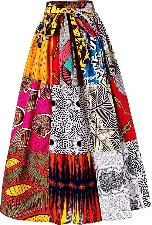 Women's African Print Elastic Waist A Line Long Maxi Skirt with Pockets
