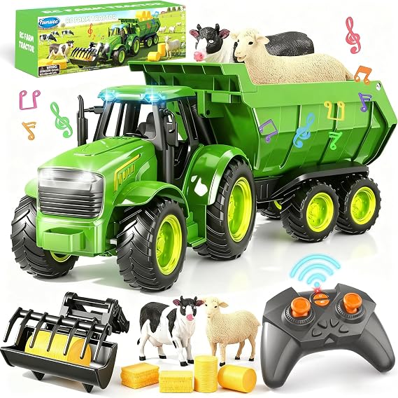 Funwee RC Farm Tractor Toy Playset with Loader, Trailer & Animals