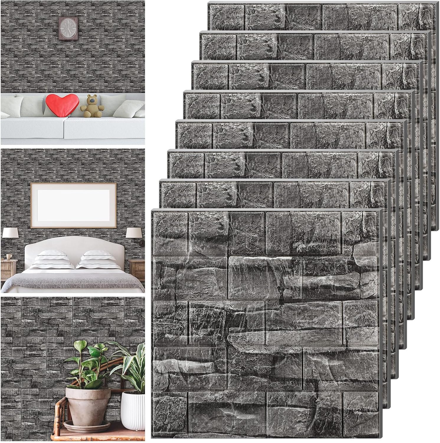 Tinlade 30pcs 28.81sq ft 3D Wall Panels Peel and Stick Foam Brick Wallpaper Printable Fake Brick Wall Panels Decorative Self-Adhesive Wall Tiles Waterproof Wall Cover Panels Rock Black