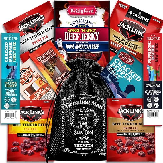 Jerky Gift Baskets For Men - Birthday Gifts For Men Who Have Everything | Anniversary Present for Men With Beef Jerky Variety Pack, Present For Dads & Fathers Day, Boyfriend
