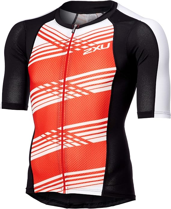 2XU Men's Compression Sleeved Tri Top (Black/Black White Lines, Small)
