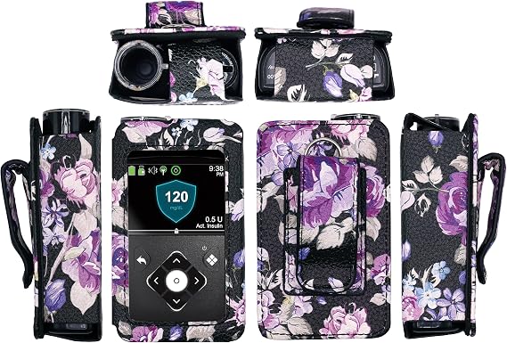 Fitted Designer Leather Case with Screen Protector for Medtronic Minimed Insulin Pump (Minimed 630G / 640G / 650G / 670G / 770G / 780G) (FL2/BLACK)