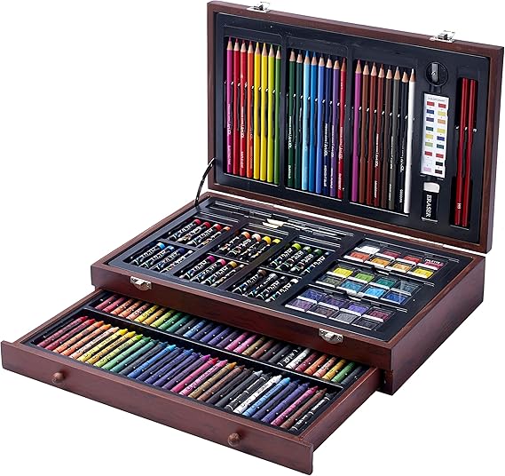 142 Pc Art Set with Colored Pencils, Crayons, Pastels, Watercolors in Wood Carrying Case