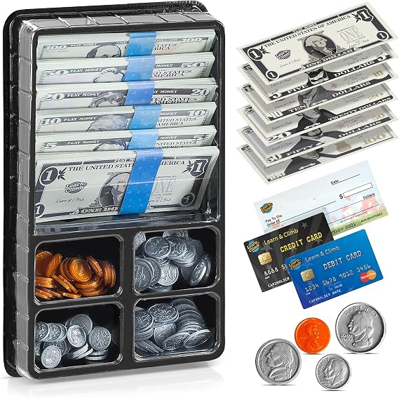 Play Money Set for Kids - Includes: Bills, Coins, Credit Card and Checkbook