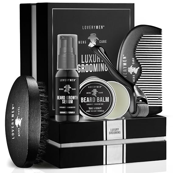 LOVERY Beard Growth Kit - Gifts for Men - Self Care Kit with Beard Serum, Beard Balm, Comb, Beard Brush & More Mens Gifts for Him, Boyfriend, Husband, Dad - Enhanced Beard Kit - Birthday Gifts