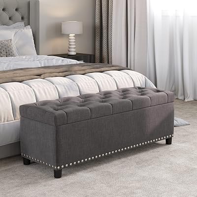BELLEZE 47 Storage Ottoman, Storage Bench with Safety Close Hinge, Faux Leather Button-Tufted Ottoman for Living Room, Entryway, Hallway, Foot Rest, Support 300lbs - Dark Gray