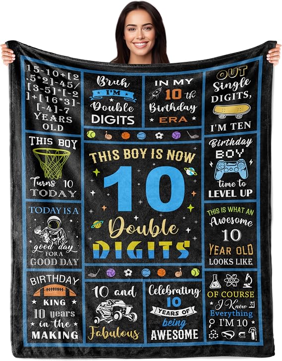 10 Year Old Boy Gifts, 10 Year Old Boy Birthday Gift, 10th Birthday Boys Gifts, Coolest 10 Year Old Boy Gifts, Double Digits Birthday Boy, Ten Year Old Birthday Decorations 60"X50" Blanket