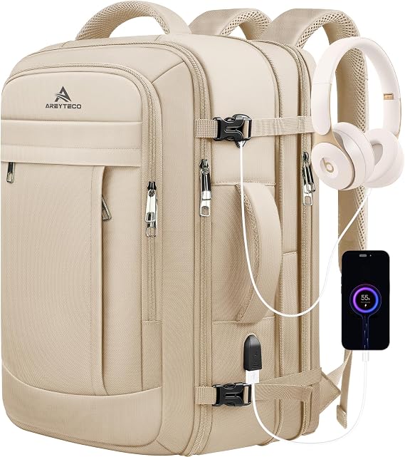 AREYTECO Carry On Backpack for Women, Large Travel Laptop Backpack, 50L Expandable Flight Approved Water Resistant Business Suitcase Daypack Big Bag Fits 17 Inch Laptop, Travel Gifts for Women, Beige