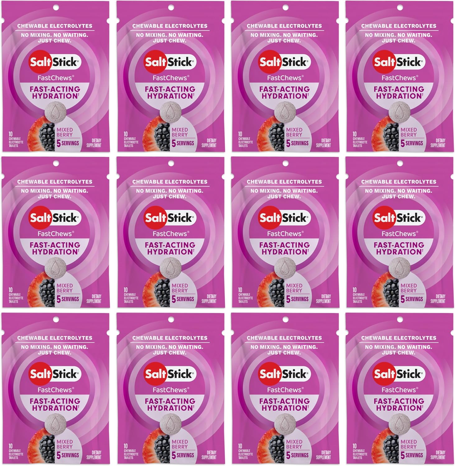 SaltStick Electrolyte FastChews Chewable Tablets | 120 Count - Mixed Berry | Salt Tablets for Runners, Sports Nutrition, Hydration Tablets, Electrolyte Chews | 12 Packets of 10 Tablets Each