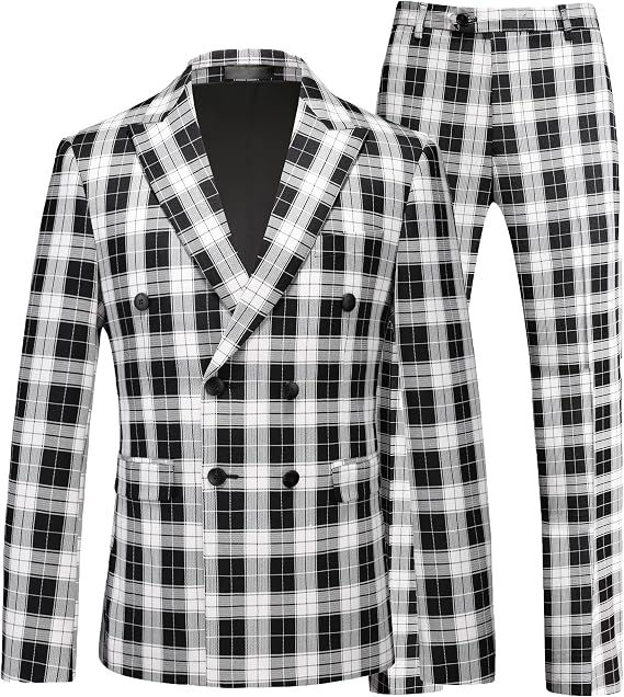 MOGU Men's Plaid Tuxedo Suit - Double Breasted 2-Piece Checkered Set with Suit Jacket and Pants for Prom and Wedding