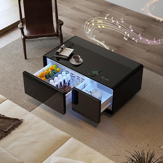 Smart Coffee Table with Fridge Modern Smart Coffee Table (Black) | Built in Speakers and Wireless Charging, for Living Room, Dual USB and Type-C Charging Ports, 23" D X 41.5" W X 18.2" H