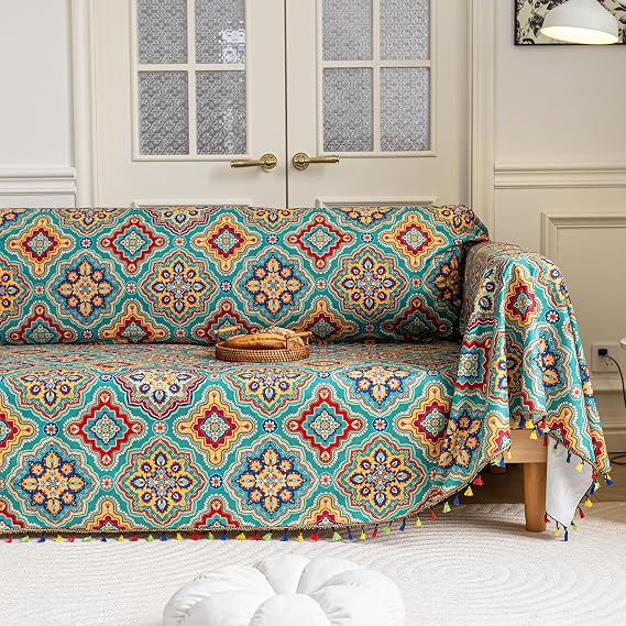 Boho Couch Cover with Tassels, Washable 1-Seater Sectional Sofa Cover for Living Room(A6, 71"x51")