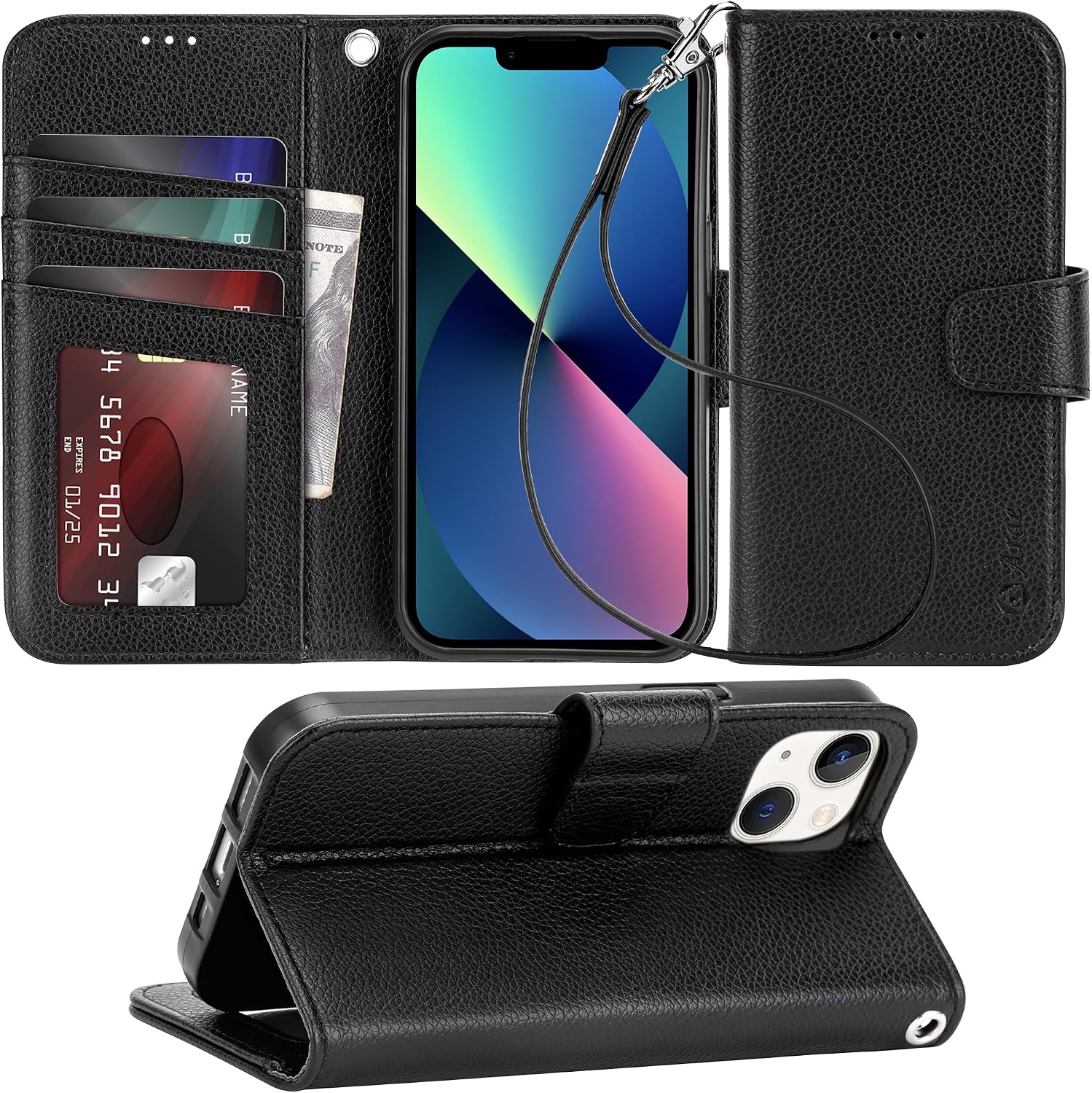 Arae Compatible with iPhone 13 Case with Card Holder and Wrist Strap Wallet Flip Cover for iPhone 13 MenWomen, Wristlet Strap, RFID Blocking iPhone 136.1, Litchi Black