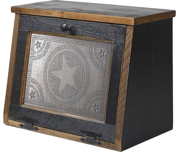 Rustic Wood Bread Box Large Kitchen Counter Storage Punched Star Tin Primitive decor Interior Shelf Wooden Country Farmhouse Breadbox (Antique Black)