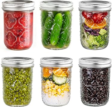 QWEZXO Mason Jars 16oz with Lids-6 Pack Wide Mouth Glass Mason Jar Vintage Glass Canning Jars with Metal Lids for Canning, Pickling, Food Storage