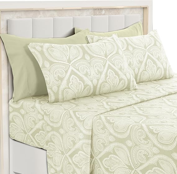 King Sheet Set 6 Piece, LUX Decor 1800 Thread Count Paisley Boho Print, Soft Microfiber 16" Deep Pocket, Fitted & Flat & 4 Pillowcases, Breathable Hypoallergenic Oeko-TEX - Ivory