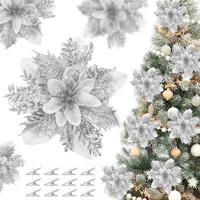 36 Pcs Christmas Glitter Poinsettia Flowers Artificial Ornaments Fake Flowers Decorations Glitzy Poinsettia with Clips Christmas Decor for Xmas Tree Wreaths Ornaments Silver