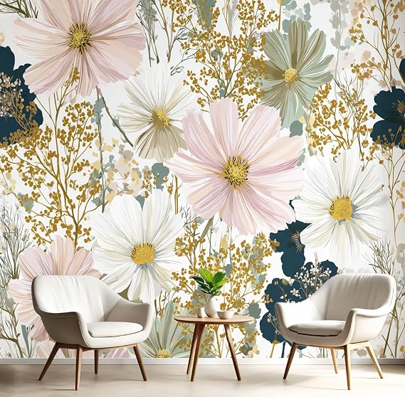 ANALTIRCE 3D Effect Hand Drawn Wildflowers Daisies Mural Wallpaper for Living Room Bedroom Decor, Spring Flowers Wall Art, Non-Woven Photo Wallpaper Wall Mural for Kitchen Hallway, 150105cm