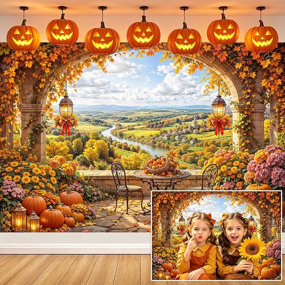 10X8ft Autumn Archway Fall Backdrop, Rustic Thanksgiving Countryside View Photography Background, Harvest Pumpkin Patio Backdrop for Party Decor Photo Booth