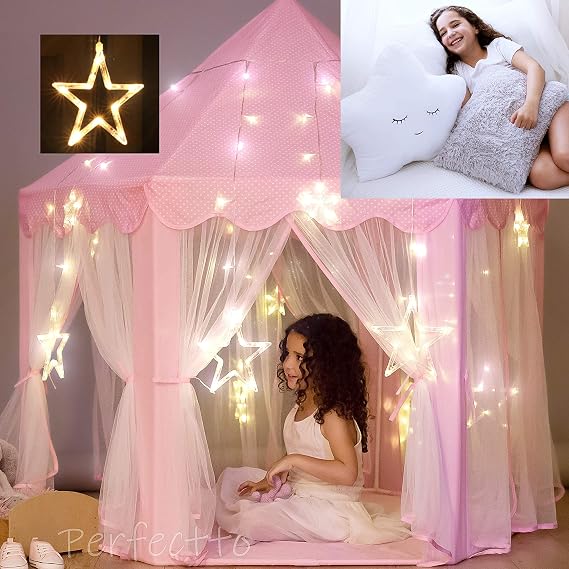 Princess Castle Play Tent with Large Star Lights and a Set of 2 Decorative Pillows for Girls. Little Girls Princess Tent Indoor Toy with Star Pillow and Grey Fluffy Pillow. Girls Gift Age 3 4 5 6 7
