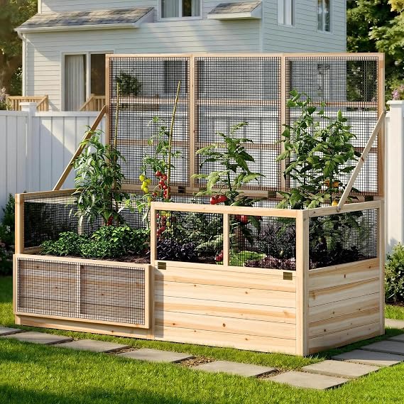 AMERLIFE Raised Garden Bed with Fencing and Trellis,18" Planting Depth | Wood Planter Box with 2 PCS Flip-up Front Panel, Easy Assembly, Ideal for Seed Starting and Growing Vegetables & Fruits