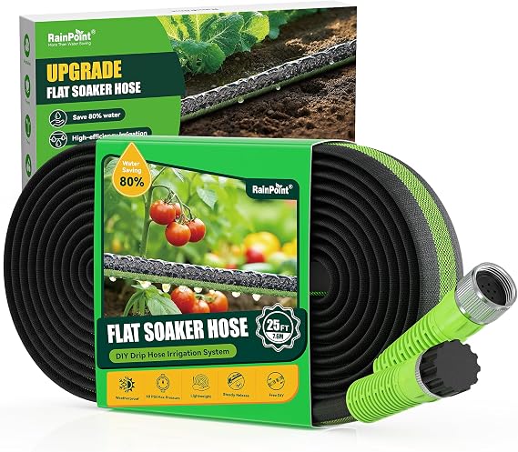 RAINPOINT Soaker Hose 25FT, 80% Water-Saving Flat Drip Hose, Leakproof and Flexible with Anodized Aluminum Ends, Double Layer Gardening Irrigation Hoses for Gardens, Vegetables and Trees, Green