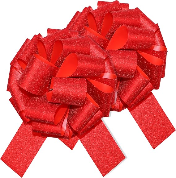 12 Inch Large Pull Bows 2-Pack Red, Flat Pack Glitter Gift Bows for Bikes, Cars & Oversized Presents, Pull-String Assembly with Instructions, Christmas & Birthday Wrapping Decor | 2 large pull bows (red with glitter)
