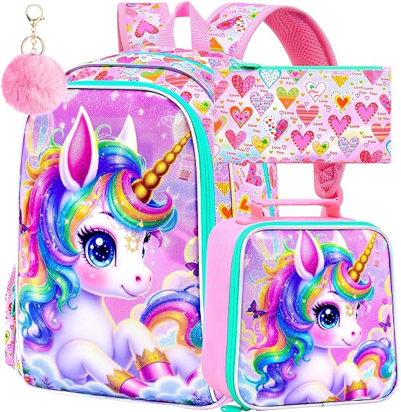 AGSDON 3PCS Unicorn Backpack for Girls, 16" Kids Backpacks for Girl Water Resistant Preschool, Elementary Bookbag with Lunch Box