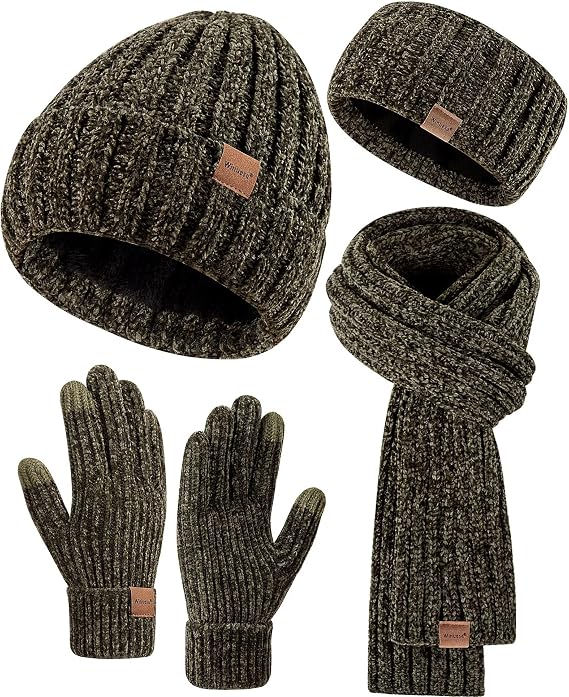 Women Beanie Scarf Gloves Headband Set, Chenille Winter Hats Fleece Lined Ear Warmer Knit Scarf Touchscreen Gloves 4 Gift Set