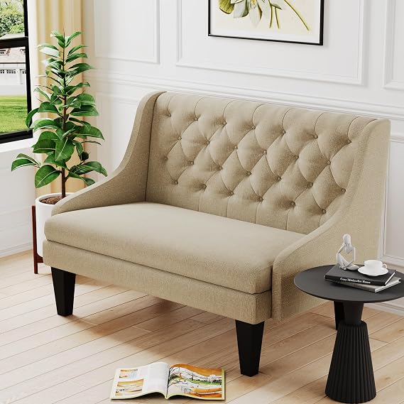 Tongli 50" Small Modern Loveseat Settee Sofa Linen Fabric 2-Seat Sofa Couch Tufted Love Seat Dining Bench with Back Upholstered Banquette Sofas for Living Room Bedroom Small Space Entryway Tan