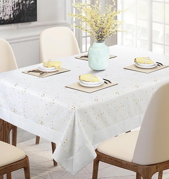 Violet Linen Vintage Abstract Gold Foil Spots, Solid Border Pattern, Polyester, Elegance Heavyweight Silver Shine Threat Engineered Luxurious Damask, White, 60 inch by 84 inch, Rectangle Tablecloths