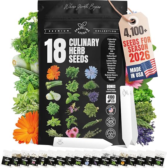 Culinary Herb Seeds Variety Pack Basil, Cilantro, Parsley, Oregano, Rosemary & Thyme 18 Varieties, 4100+ Non-GMO Heirloom Seeds, Indoor & Outdoor Growing