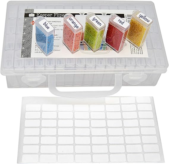 The Beadsmith Personality Case - Clear Storage Carrying Case 8.5 x 5 inches - and 64 flip top Boxes 1 x 2 inches Each, Includes Labels, for organizing and Storage