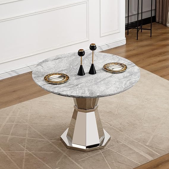 GDFStudio 47" Round Faux Marble Dining Table, Modern High Gloss Marble-Texture Top with Polished Stainless Steel Pedestal Base for Dining Room, Kitchen, or Office, Gray Top & Silver Base