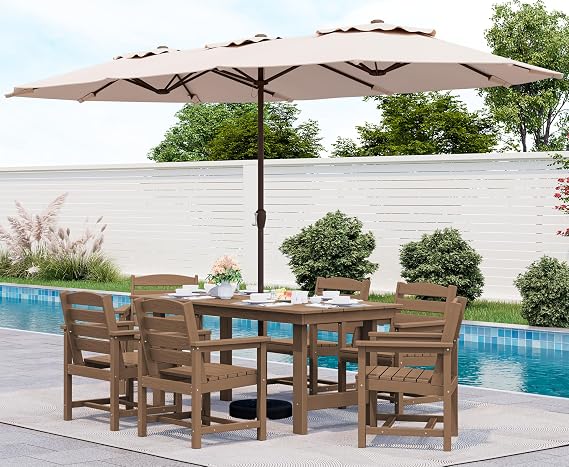 SERWALL 8-Piece Patio Dining Sets with 15FT Double Side Patio Umbrella, Outdoor HDPE Dining Furniture Set with Umbrella Hole Cut-Out Table and 6 Chairs, Brown(Umbreall Base not Included)